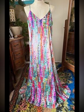 Tahari ASL fuchsia/Multicolor watercolor Maxi slip Dress, XL